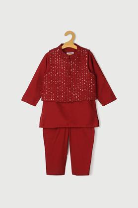 solid poly blend mandarin girl's kurta pyjama jacket set - red