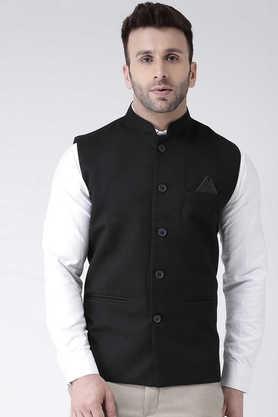 solid poly blend regular fit men's nehru jacket - black