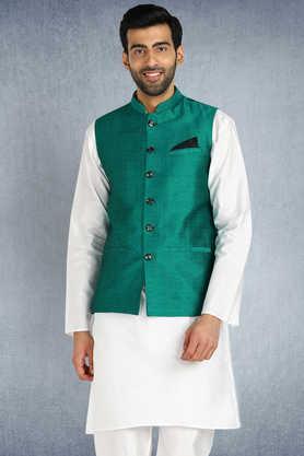 solid poly blend regular fit men's nehru jacket - green
