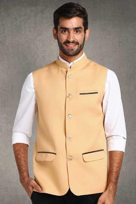 solid poly blend regular fit men's nehru jacket - natural
