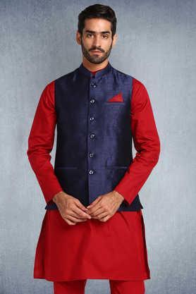 solid poly blend regular fit men's nehru jacket - navy