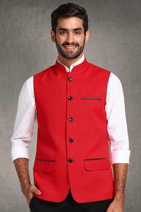 solid poly blend regular fit men's nehru jacket - red
