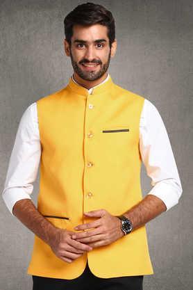 solid poly blend regular fit men's nehru jacket - yellow