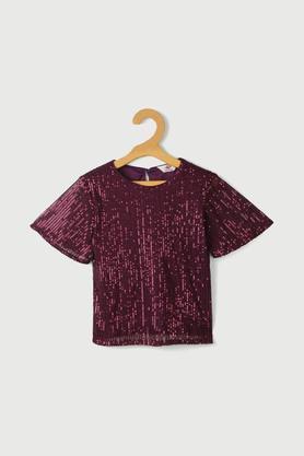 solid poly blend round neck girls top - maroon