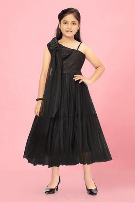 solid polyester asymmetric girls party wear gown - black