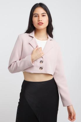 solid polyester blend collar neck women's blazer - pink