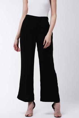 solid polyester blend regular fit women's casual pants - black