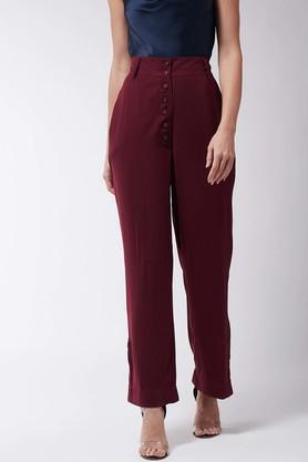 solid polyester blend regular fit women's casual pants - maroon