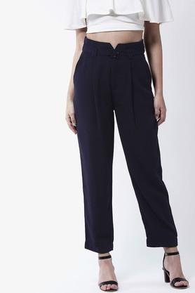 solid polyester blend regular fit women's casual pants - navy