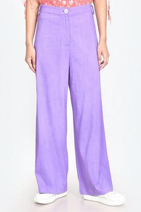 solid polyester blend regular fit women's casual pants - purple