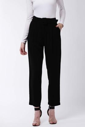 solid polyester blend regular fit womens casual pants - black