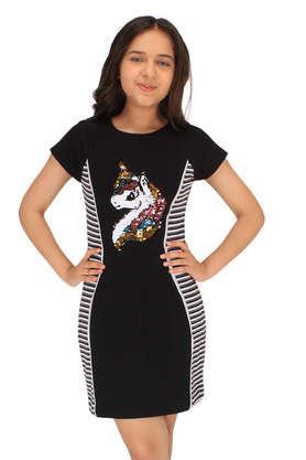 solid polyester blend round neck girl's casual wear dress - black