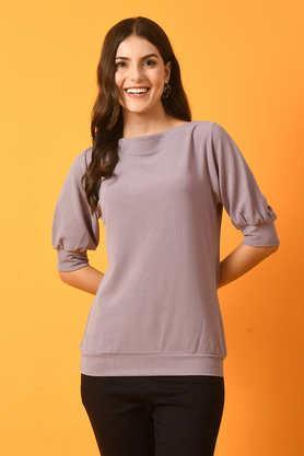 solid polyester boat neck women's top - lavender