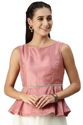solid polyester boat neck women's top - old rose