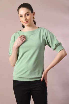 solid polyester boat neck women's top - sea green
