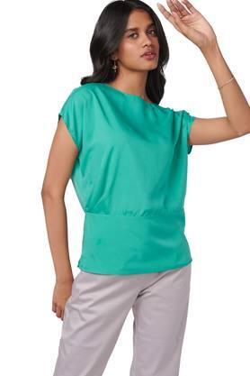 solid polyester boat neck womens top - teal_green