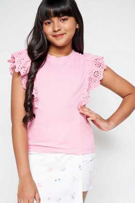 solid polyester collar neck girls top - pink