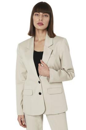 solid polyester collar neck women's formal blazer - natural