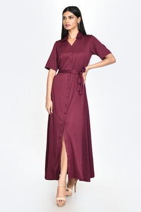 solid polyester collar neck women's maxi dress - red