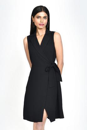 solid polyester collar neck women's mini dress - black