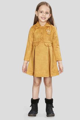 solid polyester collared girls party wear dress - mustard