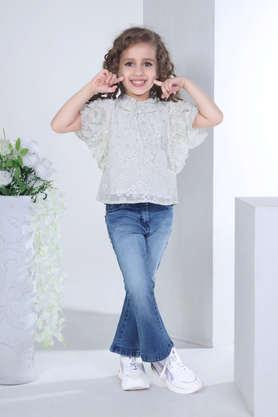 solid polyester collared girls top - cream