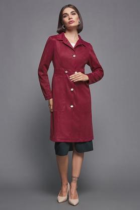 solid polyester collared women's longline jacket - red