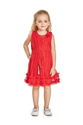 solid polyester cotton round neck girls party wear dress - red