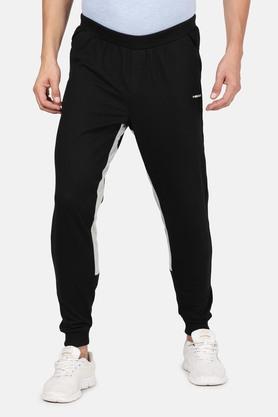 solid polyester cotton slim fit men's joggers - black