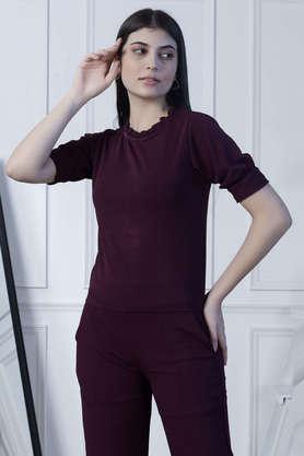 solid polyester crew neck women's top - burgundy