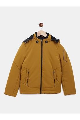 solid polyester detatchable hood boys jacket - mustard