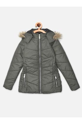 solid polyester detatchable hood girls jacket - olive