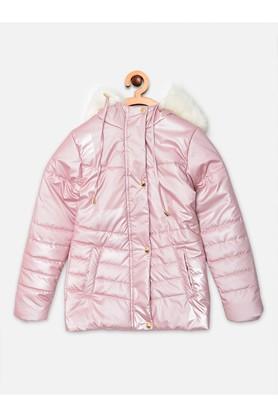 solid polyester detatchable hood girls jacket - pink