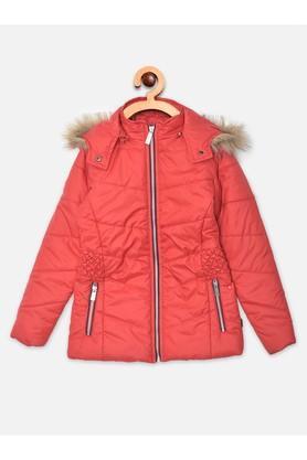 solid polyester detatchable hood girls jacket - red