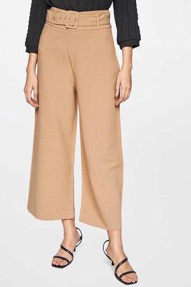 solid polyester flared fit womens formal pants - natural