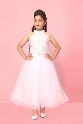 solid polyester halter neck girls party wear gown - pink