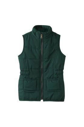 solid polyester high neck girls jacket - green
