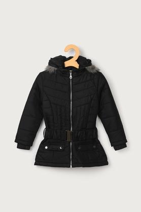 solid polyester hood girls jacket - black