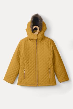 solid polyester hood girls jacket - mustard