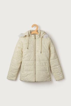 solid polyester hood girls jacket - off white