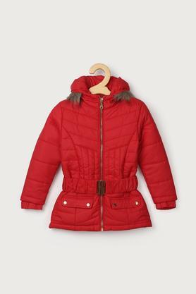 solid polyester hood girls jacket - red