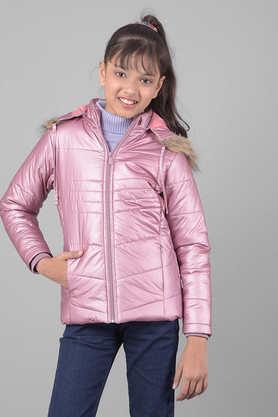 solid polyester hooded girls jacket - pink