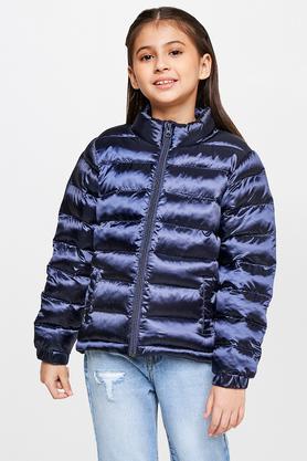 solid polyester mandarin girls jacket - navy