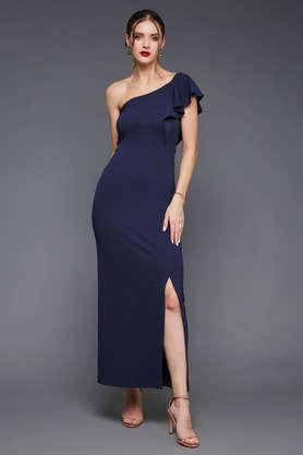 solid polyester one shoulder women's maxi dress - navy