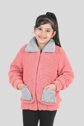 solid polyester regular fit girls jacket - pink