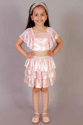 solid polyester regular fit girls top & skirt - pink
