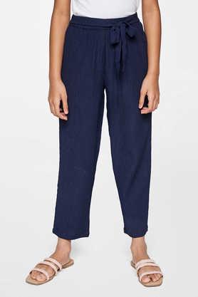 solid polyester regular fit girls trousers - indigo
