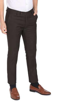 solid polyester regular fit men's casual trousers - brown