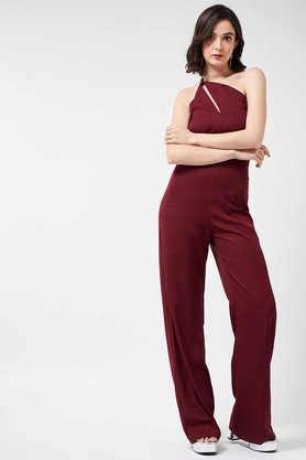 solid polyester regular fit women's jumpsuit - maroon