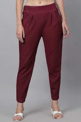 solid polyester regular fit women's pants - maroon